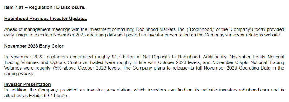 Robinhood’s 8-K report November 2023. Source: